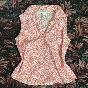 Pink and white floral button down with cute bees and butterflies